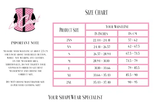 25 Steel Bones Waist Trainer with 3 Hooks - La Nuit 1 LaNuit size chart